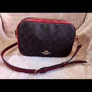 Coach Double Zip Camera Crossbody Red and brown signature canvas